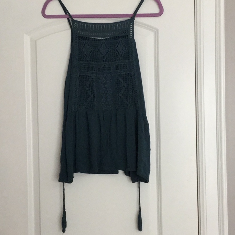 Teal tank top with tassels and crochet detailing